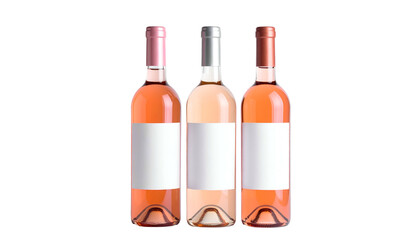 Three glass bottles of ros? wine with blank labels against a black background