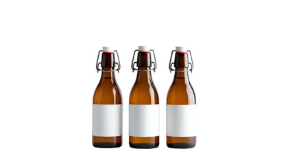 Three brown bottles with white labels and swing top closures on a black background