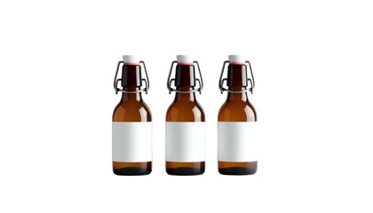 Three small brown glass bottles with white labels and hinged closures, against black