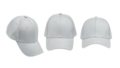 Three plain white baseball caps in various perspectives, isolated on a transparent background