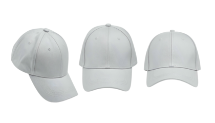 Three plain white baseball caps in various perspectives, isolated on a transparent background