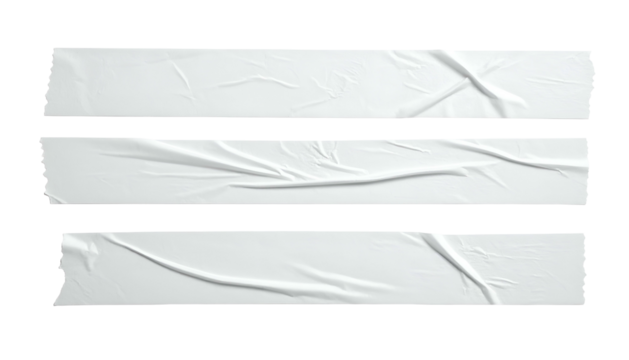 Three parallel, white, textured adhesive strips with varying wrinkles, set against a black backdrop