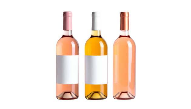 Three bottles of wine with differing colors, blank labels, against a black background