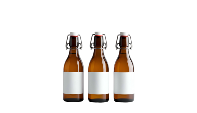 Three brown bottles with white labels and swing top closures on a black background