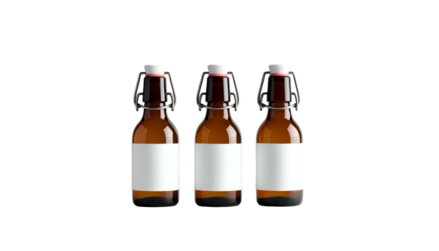 Three small brown glass bottles with white labels and hinged closures, against black