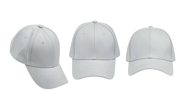Three plain white baseball caps in various perspectives, isolated on a transparent background