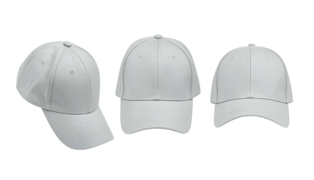 Three plain white baseball caps in various perspectives, isolated on a transparent background