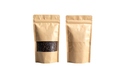 Two brown paper pouches, one with visible coffee beans, against a stark black background