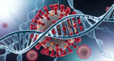 A 3d rendering of a coronavirus particle covid19 with a dna double helix strand animated 4k video - Powered by Adobe