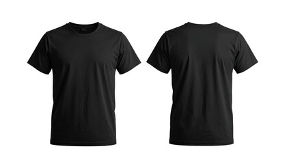 Front and back view of a plain black t-shirt against a stark black background (1)