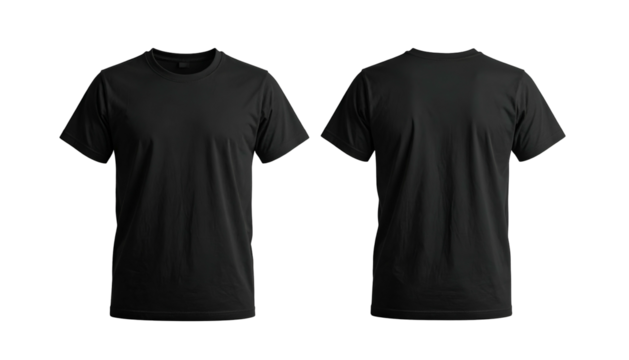 Front and back view of a plain black t-shirt against a stark black background (1)