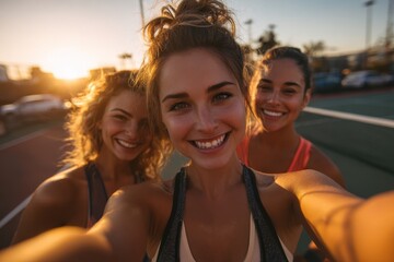 Women smiling on a tennis court during sunset enjoying fitness and a break from their match Friends laughing and bonding for social media