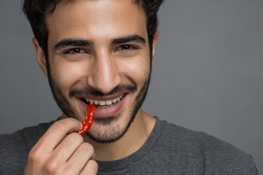 Portrait of a cheerful young Persian man grinning as he bites a red chili pepper
