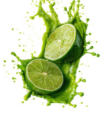 Two lime halves exploding in a vibrant juice splash