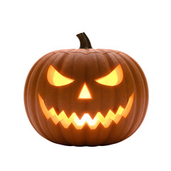 Fototapeta premium Halloween scary pumpkin jack o lantern carved face glowing light isolated holiday decoration spooky autumn october