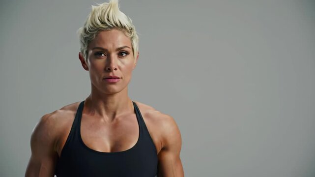 Muscular woman with short blonde hair poses for fitness photography.