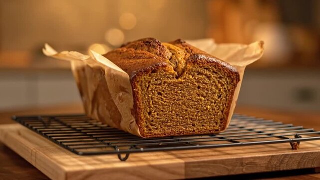 Freshly baked pumpkin bread loaf cooling on a wire rack in warm kitchen light