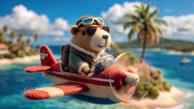 Animated bear pilot in airplane flying over tropical coastline scene