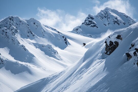 Individuals snowboarding on a snowy peak under the sky