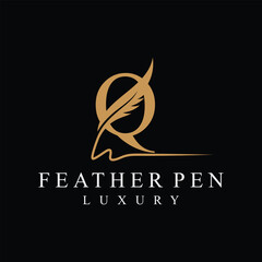 Initial letter q feather pen logo design, serif font graphic icon vector, golden color symbol concept