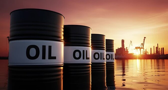 Row of oil barrels on water at sunset with industrial background animated 4k video