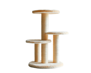 Beige cat tree with three platforms, against a black background