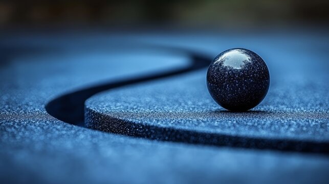 A glossy black sphere sits on a wavy blue surface, blending color and form in a serene scene