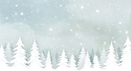 Winter forest with falling snow watercolor