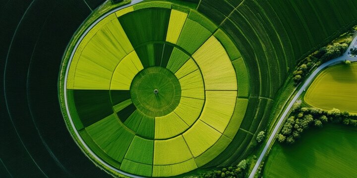 Aerial view of lush green agricultural farmland with ample copyspace large circular structure