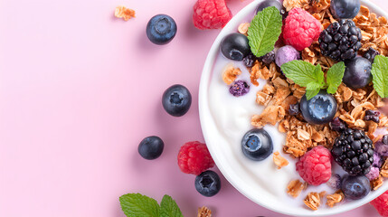 Yogurt Bowl Topped with Berries, Granola, and Mint, Pink Background Closeup
