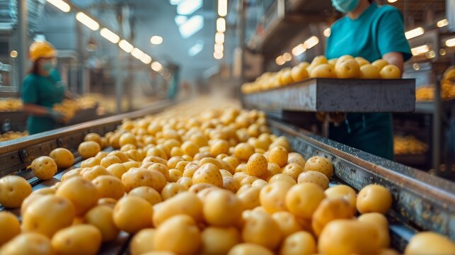 Workers efficiently sort freshly harvested golden potatoes on a conveyor belt in a bustling factory environment