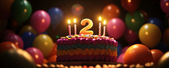Second Year Birthday Candle on Cake with Balloons, Party Decor, number 2 top