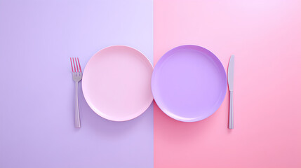 Minimal Dining Scene with Pink and Purple Plates, Fork, and Knife
