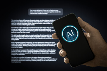 AI prompt text to generate content. Chat with virtual assistant. Chatbot search at work. Using artificial intelligence conversation tool in phone. Question from agent bot.