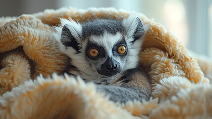 Obraz premium A warm-hearted lemur relaxes in a fluffy blanket, showcasing its striking eyes and playful demeanor, capturing a perfect moment of tranquility