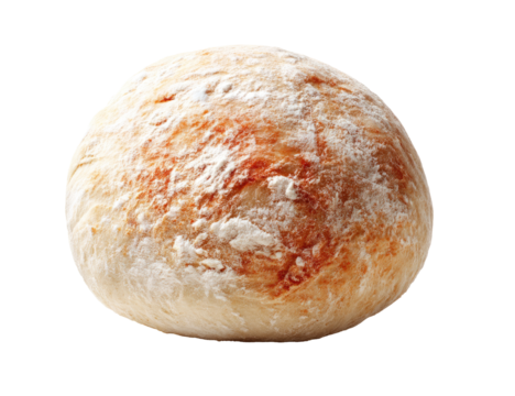 Round, light-colored bread, dusted with flour.  Slight reddish-brown markings on surface