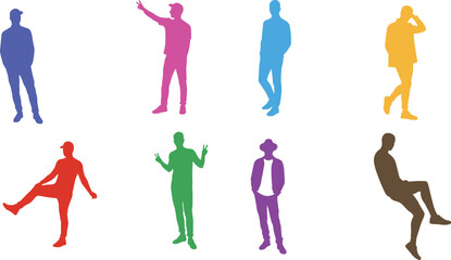 Colorful human silhouettes in various poses, standing, raising arms, leaning, lifestyle, diversity, individuality, abstract design, modern vector illustration artwork