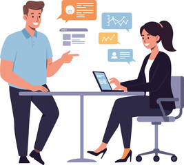 Business meeting illustration, teamwork discussion, office collaboration, data analysis concept, professional workplace communication, digital strategy planning