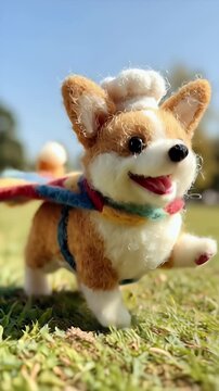 Corgi dog wearing chef hat and colorful wings running on grass outdoors