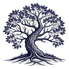 Obraz premium Detailed vector illustration of a majestic, ancient tree with gnarled roots and lush foliage, symbolizing life, nature's strength and continuous growth, ideal for inspiring designs