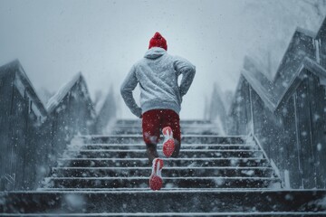 Man in a red cap and shoes sprinting up snowy steps