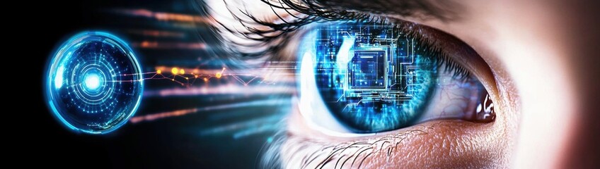 Obraz premium Human eye closeup with hologram elements for surveillance and digital close-up person blue