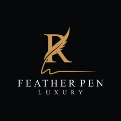 Initial letter r feather pen logo design, serif font graphic icon vector, golden color symbol concept 