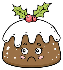 Cartoon Christmas pudding character with holly. Holiday dessert with cute face, holly berries.