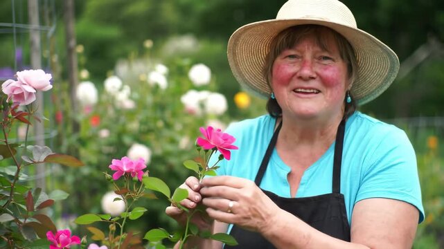 Gardener waves hello while holding a rose in a blooming garden.