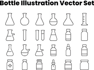 Medicine and Laboratory Bottle Outline Vector Icons — Scientific Line Set
