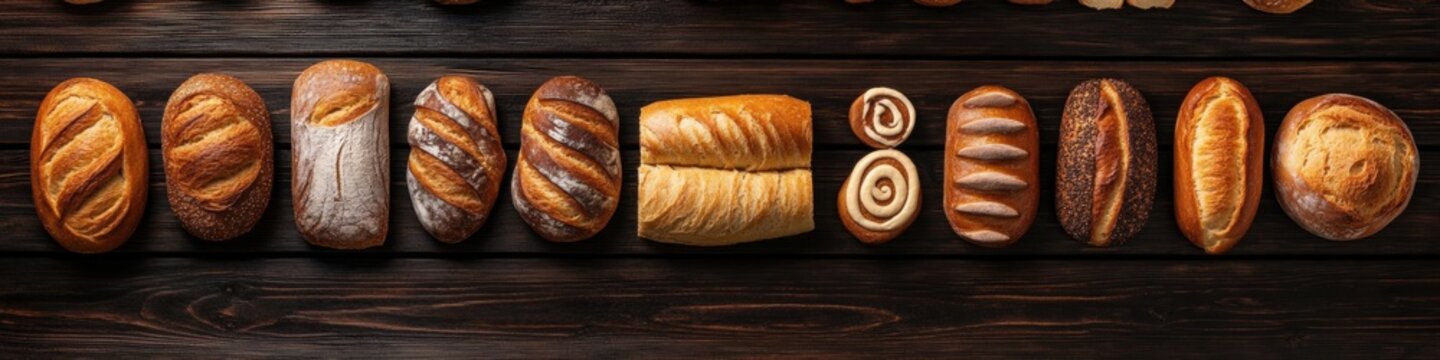 Wide banner of bakery shop or supermarket bread section with flat lay various types