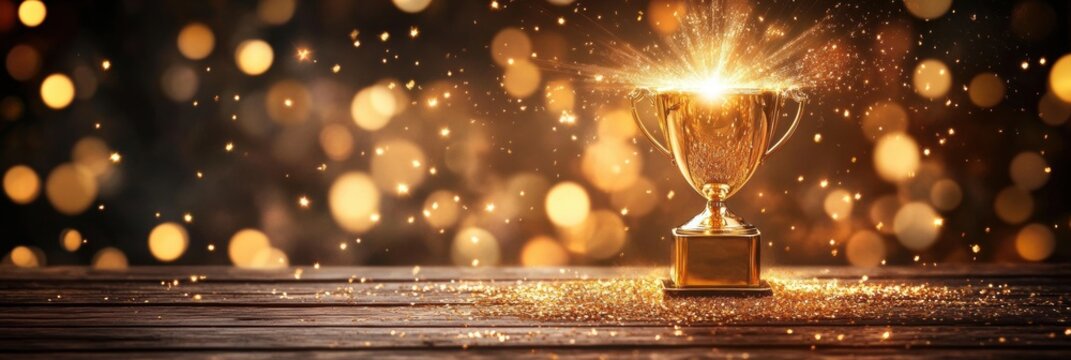 Golden and silver championship cup with confetti ribbon decoration trophy wooden table