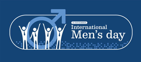 International men's day - White group of man sign stand on line curve frame and blue male symbol in dark blue background vector design