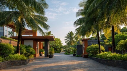 Fototapeta premium Tropical Resort Entrance with Palmlined Pathway Sunrise